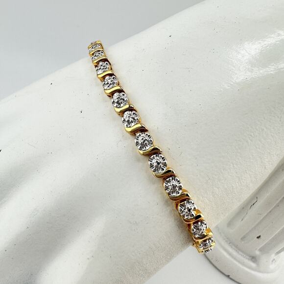Real Diamond Chip Prime Art & Jewel Gold Plated Two Tone Tennis 7” Bracelet - Picture 1 of 9